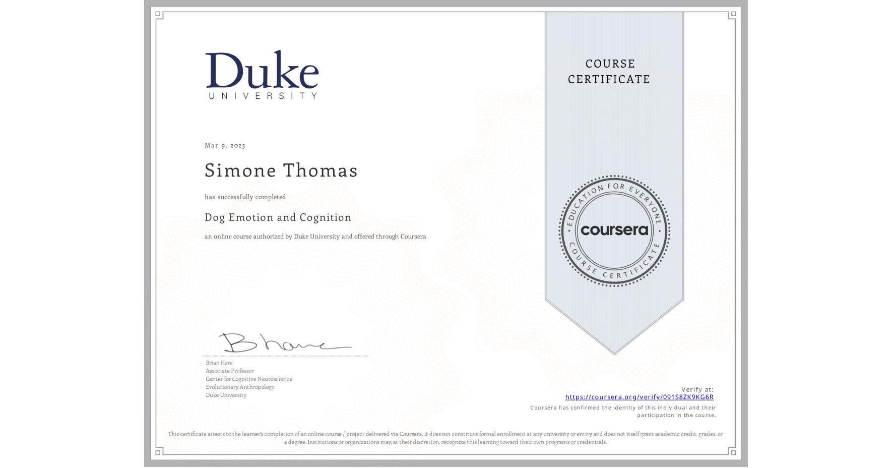 Dog Emotion and Cognition course certificate for Simone Thomas